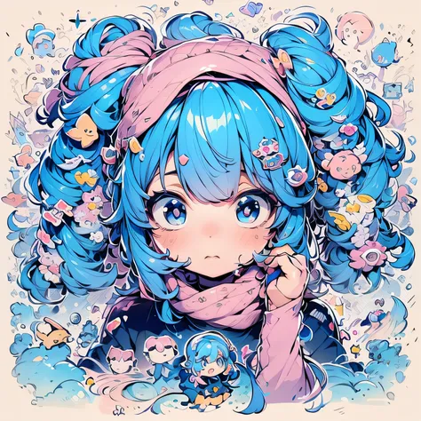 blue hair, Extremely many details, pink detailed big eyes, hight resolution, yellow shirt, light pink tie, Blue Cap, white open jacket, concept art, <3, A lot of hairpins, Very fluffy hair, Short Hair Hair, Interesting posture