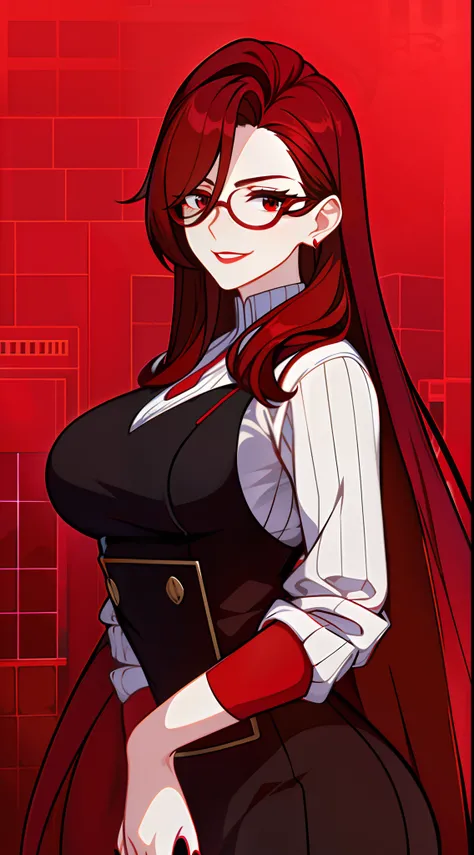 Adult woman, Long red hair, Brown eyes, eyeglasses, red lipstick, large breasts, Black Dense Overall Shape, evil, smirk, fetters, open breasts, Masterpiece, hiquality, 4k, HD, Good detail