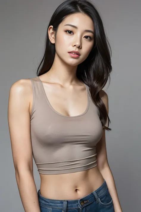 Realistic Japan woman in tank top、Wearing leather tight pants、constricted hips、Navel piercing、 Narrow-eyed、Single eyelid、Small eyes、tthin eyebrows、drooping eyes、30-year-old woman with、low nose、thin lipss、Dimples、small tits、Suppin、Ash gray wavy hair