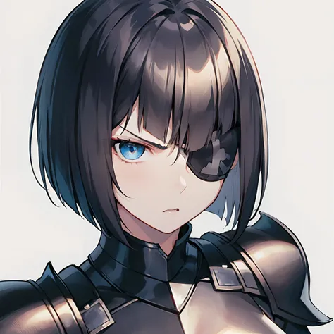 1girl, short black hair, bob cut, blue eyes, black eyepatch, medium breast, black armor, portrait, simple background, furious expression, looking at the camera, from the front, 4k