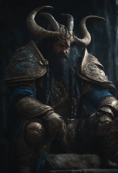 some pictures of a giant blue deity with large horns on his face, in the style of unreal engine 5, dark white, shwedoff, furry art, close-up intensity, mystic mechanisms, dark white and dark gray --ar 5:9 --s 750 --v 5.2