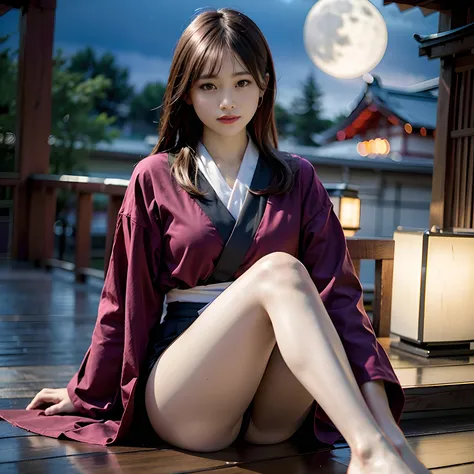 (8K, Best Quality, masutepiece:1.2), (SFW:1.3), (Realistic, Photorealsitic:1.37), 1 beautiful girl, Full body, Sexy body, Komono, Mini skirt, Long hair, ribbon in her hair,Former Japan Village, Night, fullmoon, Moonlight, fire, Holding a sword, Fantasy, Fl...