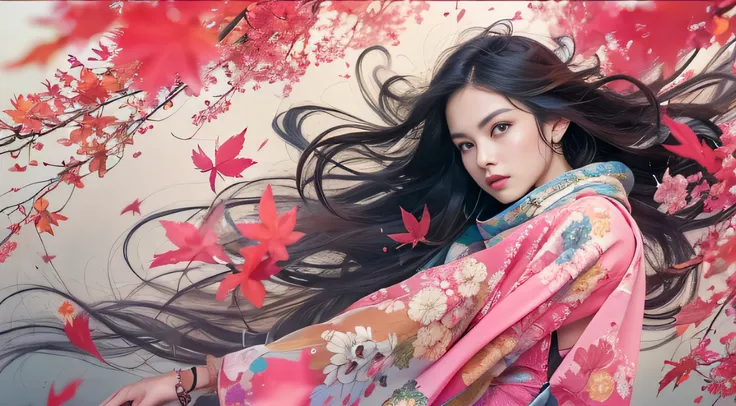 32K autumn view（tmasterpiece，k hd，hyper HD，32K）Long flowing black hair，ponds，zydink， a color， Autumn （Sexy girl）， （Blue and white silk scarf）， Combat posture， looking at the ground， long whitr hair， Floating hair， Carp pattern headdress， Chinese long-sleev...