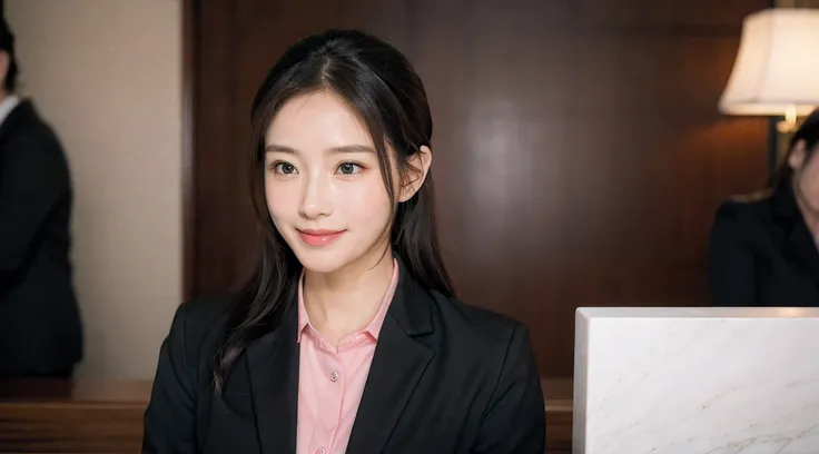 looking away、Hotel reception、face forcus、Female front desk staff,Black jacket、Pink Button Shirt、a picture、A detailed face、Detailed lips、A detailed eye、a smile