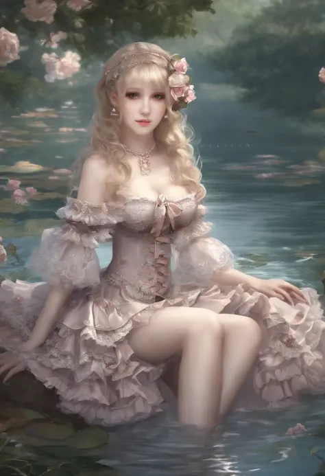 (lingerie:1.3), Takanobu Fujiwara(Takanobu Fujiwara)Digital rendering inspired by, pixiv, rococo, Victoria Gothic Lolita Fashion, Lolita Style,lolita fashion, one-piece,She is swimming in the lake,petticoat,open your legs, (Detailed description of the garm...