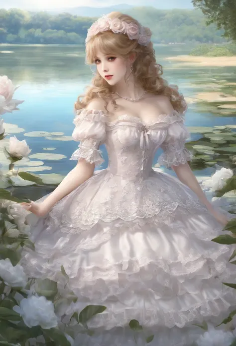 (lingerie:1.3), Takanobu Fujiwara(Takanobu Fujiwara)Digital rendering inspired by, pixiv, rococo, Victoria Gothic Lolita Fashion, Lolita Style,lolita fashion, one-piece,She is swimming in the lake,petticoat,open your legs, (Detailed description of the garm...