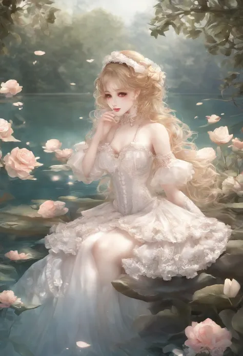 (lingerie:1.3), Takanobu Fujiwara(Takanobu Fujiwara)Digital rendering inspired by, pixiv, rococo, Victoria Gothic Lolita Fashion, Lolita Style,lolita fashion, one-piece,She is swimming in the lake,petticoat,open your legs, (Detailed description of the garm...