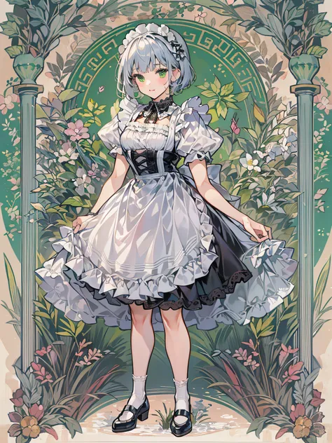 teen girl, solo, full body, blue silver hair, blunt bangs and short hair, green eyes, She is standing and pinching her skirt by fingers and greeting curtsy, She is wearing black maid costume, white lace collar with, white color apron that has breastplate a...