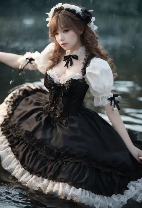 (lingerie:1.3), Takanobu Fujiwara(Takanobu Fujiwara)Digital rendering inspired by, pixiv, rococo, Victoria Gothic Lolita Fashion, Lolita Style,lolita fashion, one-piece,She is swimming in the lake,petticoat,open your legs, (Detailed description of the garm...