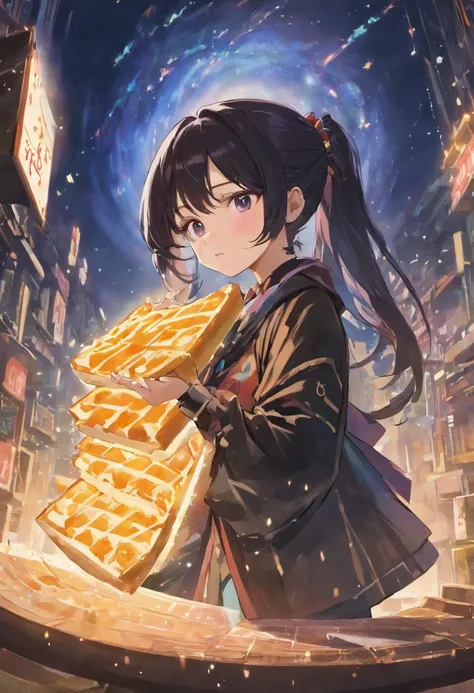 ((best qualityer)), ((tmasterpiece)), (highly  detailed:1.3) Wind and the Universe,A beautiful woman ponytail black hair, holds a sandwich in both hands, sandwich has the word Chinese in it