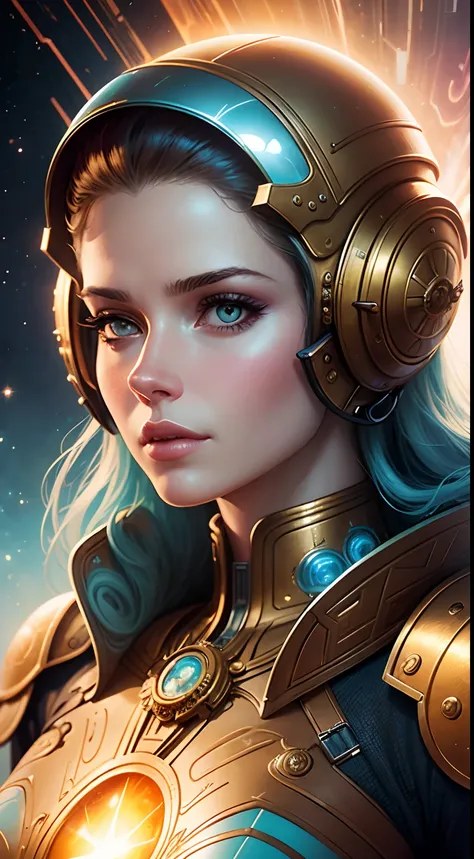 Close-up of a woman wearing a helmet and sci-fi, boris vallejo and tom bagshaw, Prophet graphic novel, Cosmic artifacts, Inspired by Earl Norem, deep dream, awarded on cgsociety, looks a bit similar to amy adams, golden turquoise steampunk, anno 2070