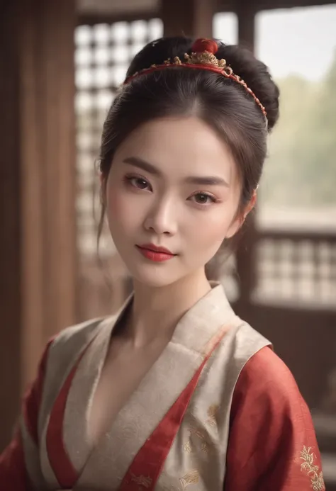 A beautiful woman dressed in Han costume holds a painting in both hands，hair-bun，Hanfu，surname，Stunning，Full body like，(Best quality,4K,8K,A high resolution,Masterpiece:1.2),(Ultra-detailed),(Realistic,Photorealistic,photo-realistic:1.37),(hdr),(hyper HD),...