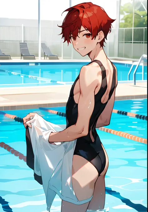 Anime boy in swimsuit standing in pool, High-cut swimwear, U-back swimsuit, rating:safe, solo, smile, Boy with short red hair, Boy standing by the pool, grin, looking_at_viewer, Show your ass, , Cool boy in black and red tank suit,A boy is looking back , c...