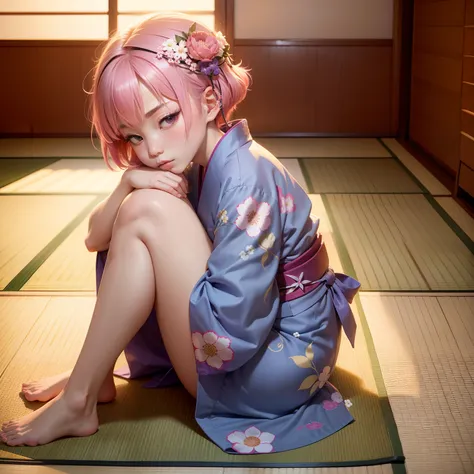 Japanese-style room in the Japan, momohd, phmomo, Solo, 1girl in,  Pink hair, Purple eyes, Short hair, Hair Flower, Wearing a yukata, Big eyes, embarrassed,Sleep on tatami mats,bare-legged,