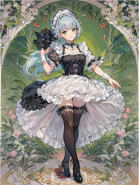 teen girl, solo, full body, blue silver hair, blunt bangs and short hair, green eyes,  She is standing one foot and other foot to back that is arabesque style like a ballet, She is wearing black maid costume, white lace collar with, white color apron that ...