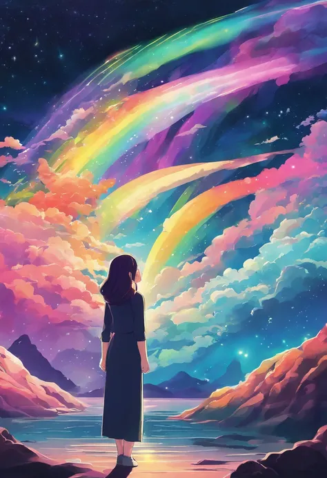 Rainbow aurora borealis background with girl in foreground praying