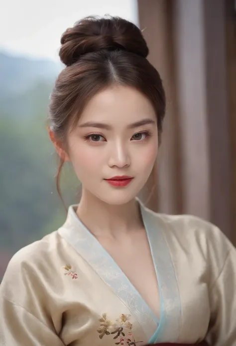 A beautiful woman dressed in Han costume，Holding a painting in both hands，hair-bun，Hanfu，middle aged women，aged 40，Stunning，｛Full body like｝，(Best quality,4K,8K,A high resolution,Masterpiece:1.2),(Ultra-detailed),(Realistic,Photorealistic,photo-realistic:1...