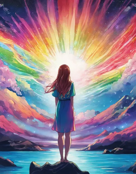 Rainbow aurora borealis background with girl in foreground praying