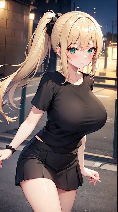 1 girl, game CG, plain black T-shirt, white short skirt, hair scrunchie, gigantic breasts, blonde, middle hair, side ponytail, green eyes, park, evening, pov, happy, blush,