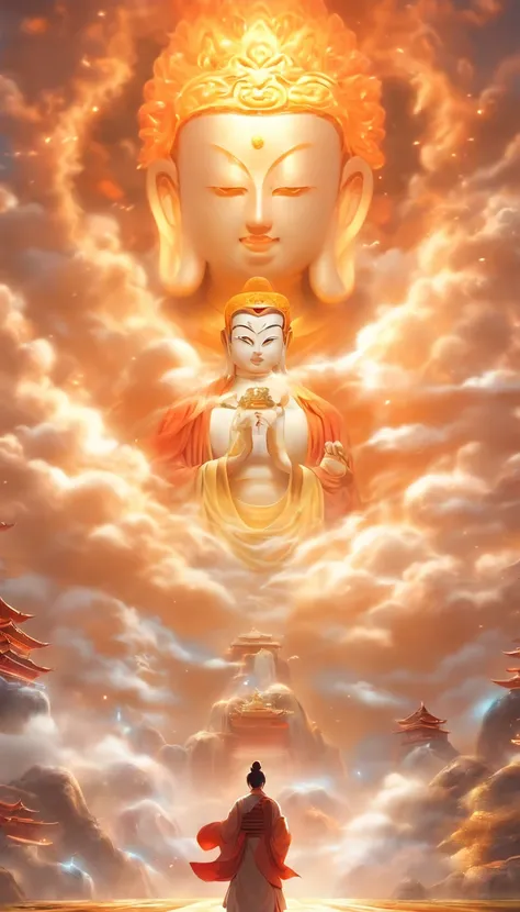 ((Masterpiece))，(Best quality))，China-style，In the sky, The clouds form a huge Maitreya Buddha statue，Gaze at the earth，Standing Buddha statue，with light glowing，Glow effects，Pilgrims on the road，Hyper-realistic，Ultra photo realsisim，Real Photographics，8K，...