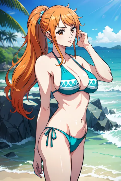 Nami from One Piece, long orange ponytail hair, beautiful brown eyes, blushing cheeks, wearing a vibrant bikini, enjoying a sunny day at the beach. The art style should resemble a captivating anime style. For the image quality, please prioritize (best qual...