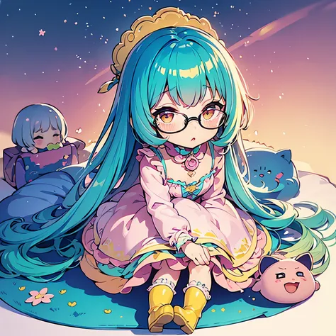 chibi girl, Hair with a gradient from turquoise to soft yellow, pink eyes, pretty, White glasses with thick frames, clutches a pillow in his hands, Childrens blue costume, Yellow long boots, Sitting on a cloud, a lot of details, Detailed background