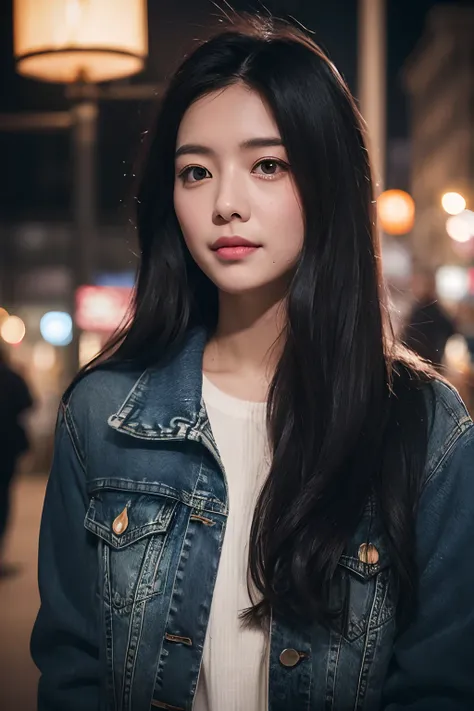 (((surrealism))),(Ray traching), High detail,high qulity,super detailing,Jet black hair,messy  hair,largeeyes,faint blush,Enchanted smile,perfect body figure,Denim jacket,realistic lens,Close-up Shot Shot,exteriors,the city street,the night,lamplight,