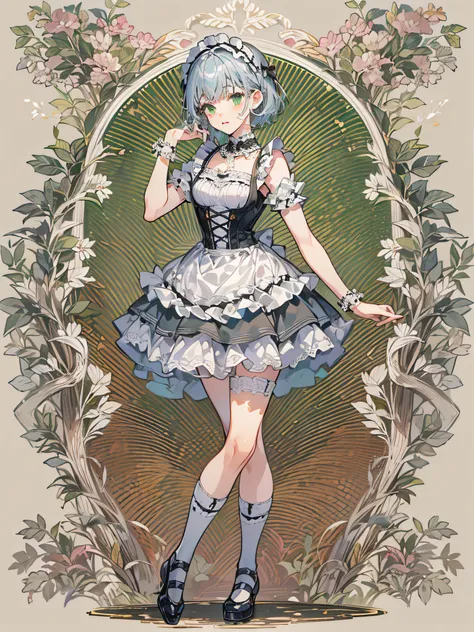 teen girl, solo, full body, blue silver hair, blunt bangs and short hair, green eyes,  She is standing one foot and other foot to back that is arabesque style like a ballet, She is wearing black maid costume, white lace collar with, white color apron that ...