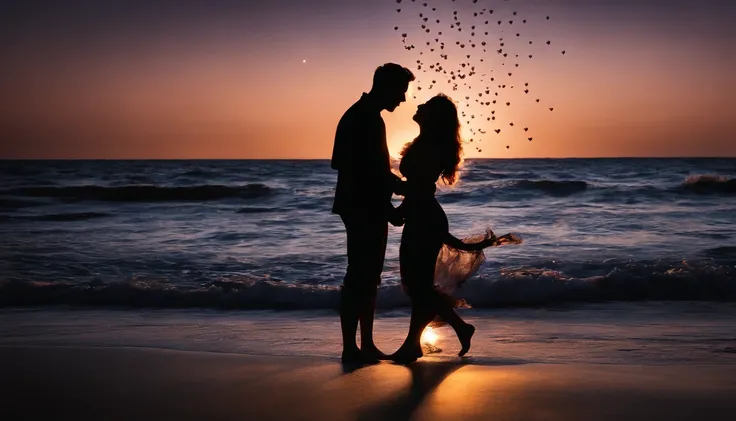 Romantic couple kissing in the wind，Boys and girls，glowing stars，Glow effects，Heart-shaped bubbles，the night，On a cruise ship，The face is clear and accurate，detail in face，super-fine，beachside，16K resolution，high qulity，电影灯光，High picture detail，dynamic vie...