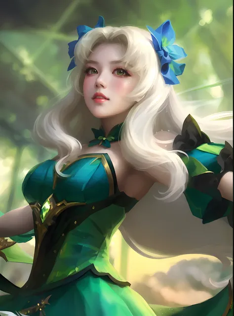 a close up of a woman in a green dress holding a bow, extremely detailed artgerm, artgerm lau, style artgerm, stanley artgerm lau, ig model | artgerm, artgerm. high detail, artgerm detailed, style of artgerm, artgerm style, artgerm on artstation pixiv