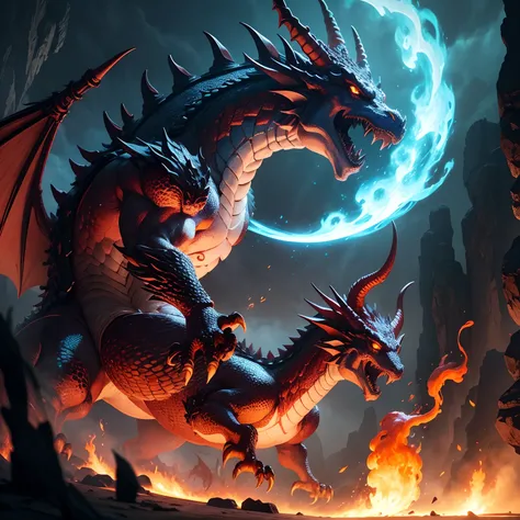 The dragon，Dragon of ancient legends，Giant Dragon，Blowing fire，Monster Hunter，​masterpiece，HD Images，Mythical dragon，Fantasia，