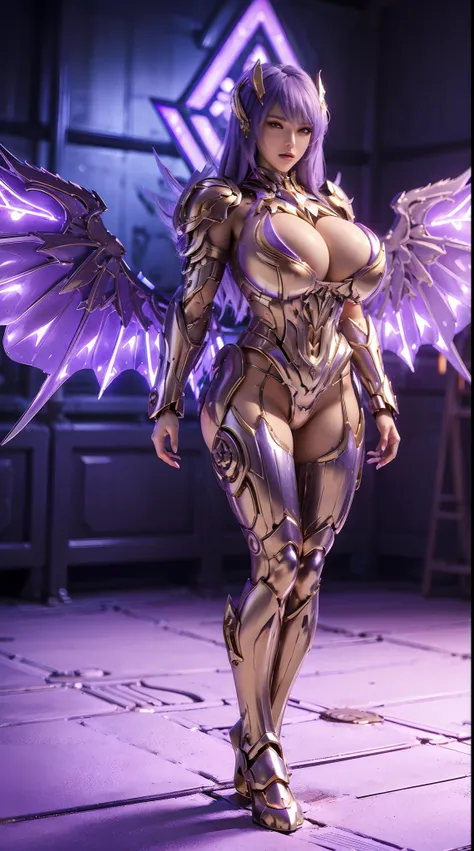 A WOMAN, BEAUTIFULL FACE, HUGE BOOBS, RGB, WHITE, GOLD, PURPLE, MECHA ARMOR FULL SUIT, (CLEAVAGE), (A PAIR LARGEST WINGS), TRANSPARANT, TALL LEGS, STANDING, SEXY BODY, MUSCLE ABS.