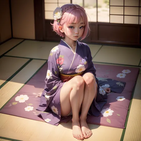 Japanese-style room in the Japan, momohd, phmomo, Solo, 1girl in,  Pink hair, Purple eyes, Short hair, Hair Flower, Wearing a yukata, Big eyes, embarrassed,Sleep on tatami mats,bare-legged,