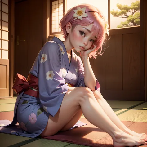 Japanese-style room in the Japan, momohd, phmomo, Solo, 1girl in,  Pink hair, Purple eyes, Short hair, Hair Flower, Wearing a yukata, Big eyes, embarrassed,Sleep on tatami mats,bare-legged,