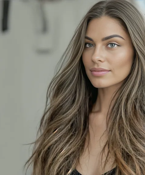 A closeup of a woman with long hair and a thin-strap black dress, green eyes,  morena com cabelos loiros tingidos, Cabelos castanhos claros separados, Alana Fletcher, Angelina Stroganova, cabelos borwn claros, julia sarda, Retrato Sophie Mudd, Anastasia Ov...