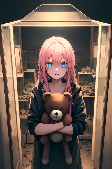 1girll, Pink hair, Blue eyes, (cowboy_Shot:1.2), Face focus, Long hair, side locks, Scared,(terrified:1.1) expression, holding teddy bear, Atmospheric lighting, Moody, Darkness, In an abandoned old museum, Clear glass display case full of interesting items...