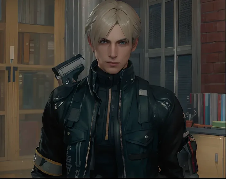 there is a young man in a green jacket holding a gun, jetstream sam from metal gear, v from devil may cry, as a character in tekken, cyberpunk street goon, young blonde boy fantasy thief, 8 k character details, male character, vicious appearance, thancred ...