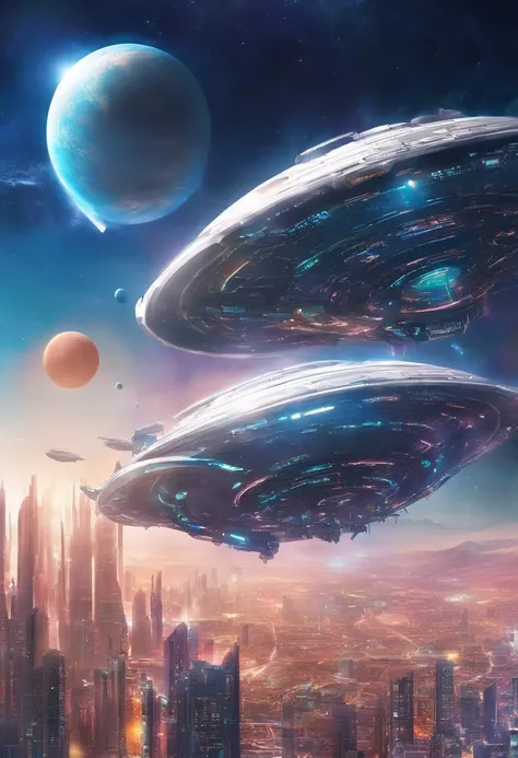 Space City、Futuristic cities、alien、floating in the universe、cyberpunked、skyscrapers line up、A space station、top-quality、​masterpiece、２４century、dream、utopian、planet earth、World of Dreams、Fantasia、𝓡𝓸𝓶𝓪𝓷𝓽𝓲𝓬、Beautiful city