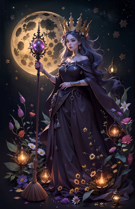 A beautiful women witch with a crown, dark scene, full moon, stars, magic, crystals, perfect Emeril dress, Holding a broom with her left hand and a magic wand with her right hand, powers, flowers, leaves