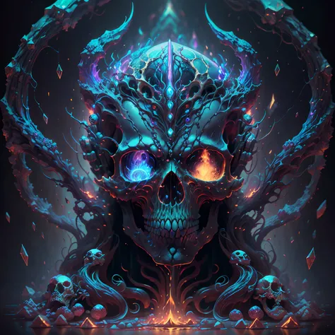 (High detail CG，The ultra-realistice，rich details​)，Demon Skull，The surrounding area is fluorescent in color，Octopus and skull combined，