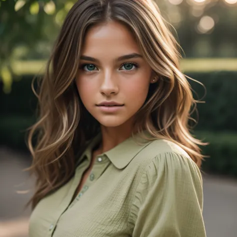 jp_style person, portrait of the beautiful teenage model, wavy brown hair with blonde highlights, deep green eyes, very tanned textured skin, puffed sleeved shirt, (8k, RAW photo, best quality, masterpiece: 1.2), (realistic, photorealistic: 1.37), ultra de...