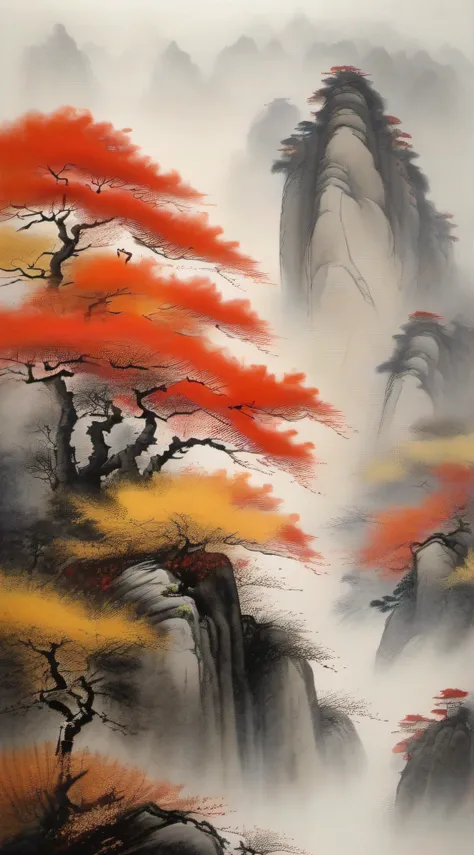 Monts Huang shan, Traditional ink painting Draw on rice paper Use thick, light ink to create light and dark variations and layers, Trees with autumn colors (jaune, orange et rouge) Beautiful view of autumn Lonely atmosphere Morning fog. art traditionnel ch...