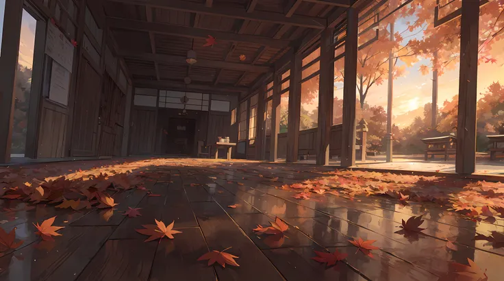 (((sunset:1.5, sunset light:1.3, moody light:1.3, cinematic light:1.3)))), An illustration of the scenery of the autumn leaves are depicted in a double layer due to the mirror reflection of Korin-in, Daitoku-ji Temple. at night, ultra-detailed, hyper-sharp...