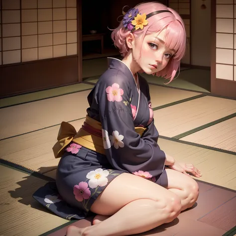 Japanese-style room in the Japan, momohd, phmomo, Solo, 1girl in,  Pink hair, Purple eyes, Short hair, Hair Flower, Wearing a yukata, Big eyes, embarrassed,Sleep on tatami mats,bare-legged,