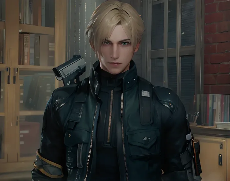 there is a young man in a green jacket holding a gun, 8 k character details, male character, cloud final fantasy, game to real life, blonde hair blue eyes