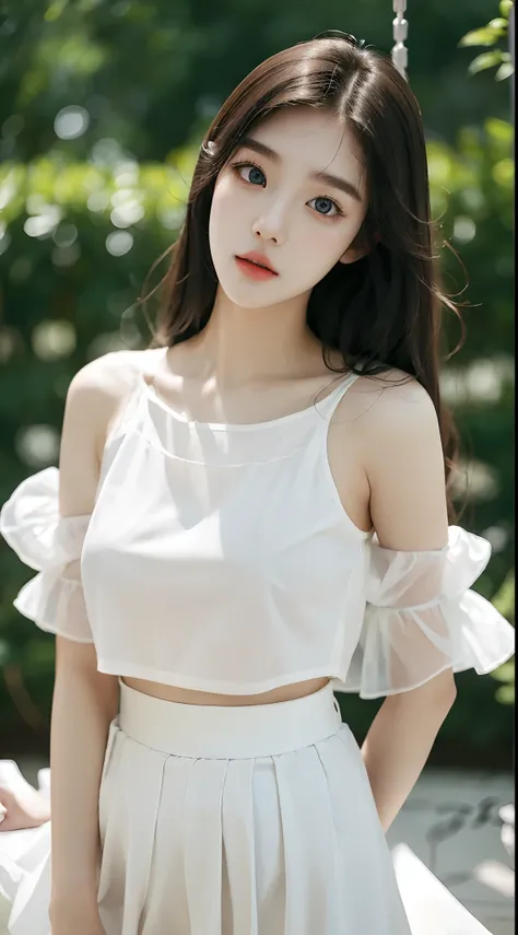 (Best quality, Masterpiece), 1girll, Korean girl，18yr old，Absolutely beautiful, Amazing, Swing，Noble,perfect bodies, Charming eyes，Bright big eyes，Long eyelashes，sensual lip，White skin，The gauze skirt flew up，Very real，goodlooking，Ethereal beauty