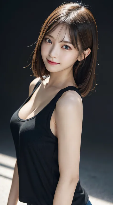 Innocent 20 year old girl、((Black tank top, Dramatic poses)),Smile,short-cut,a park、Raw photo, (8K、top-quality、​masterpiece:1.2)、(intricate detailes:1.4)、(Photorealsitic:1.4)、octane renderings、Complex 3D rendering ultra detail, Studio Soft Light, Rim Light...