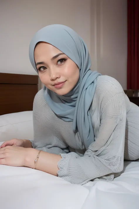 matured malay woman in hijab wearing sexy red color pajamas sleeping in bed portrait photography, lying in bed, mid shot photo, ultra detail, professional photograph with professional lighting, smile, light blue bed, bedroom, sexy seducing sleep pose, curv...