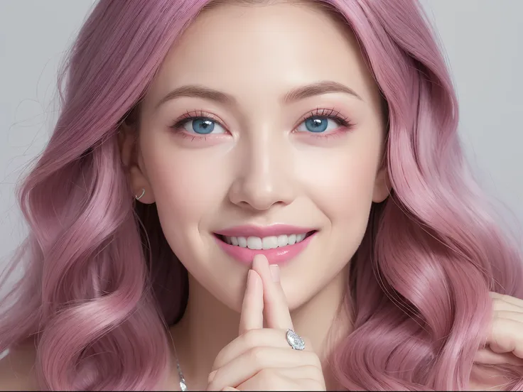 (A high resolution,Ultra-detailed,Photorealistic:1.2),Vivid colors,Portrait,muted pastels,Sparkling highlights,Curly silver-pink hair,Delicate hair,Plenty of volume,(Strong black eyes,Reflective pupils,Long eyelashes,Red eyebrows),full pouty lips，Has an ir...