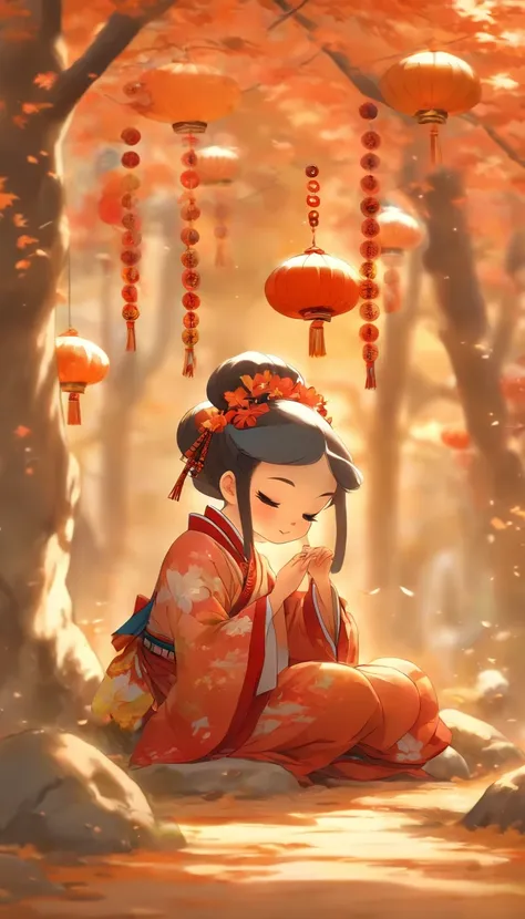 A young girl sits under a maple tree eating rock sugar gourd，Japanese manga style，The girl wears a Peking Opera costume，There are swallow-shaped kites on the ground，panini，Small cake，Fruit pie，high tea，some books，Japanese healing system，